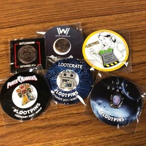 Collection of LootCrate LootPins. Lost in Space, Power Rangers, Westworld, etc